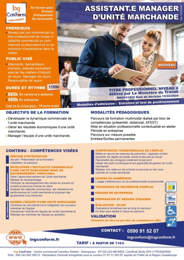 Formation Assistant manager d'unité marchande Guadeloupe