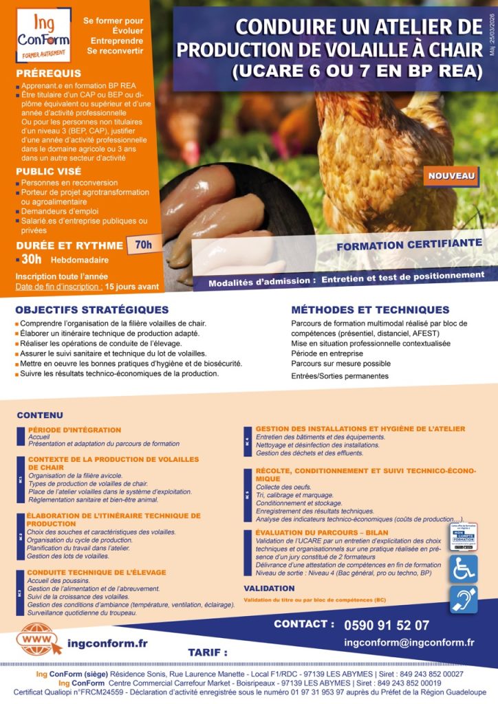 Formation Conduire un Atelier de Production de Volaille à Chair - Guadeloupe