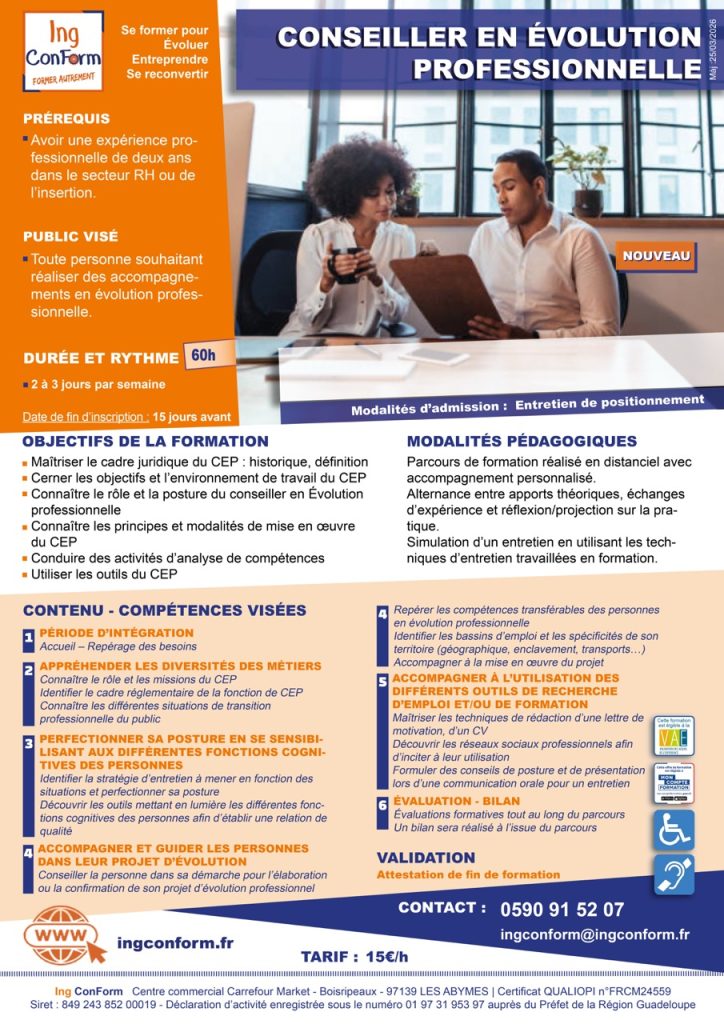 Formation Conseiller en évolution professionnelle Guadeloupe