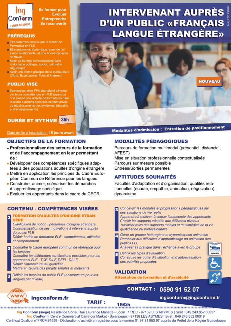 Formation Intervenant auprès d'un public "Français Langue Étrangère" Guadeloupe