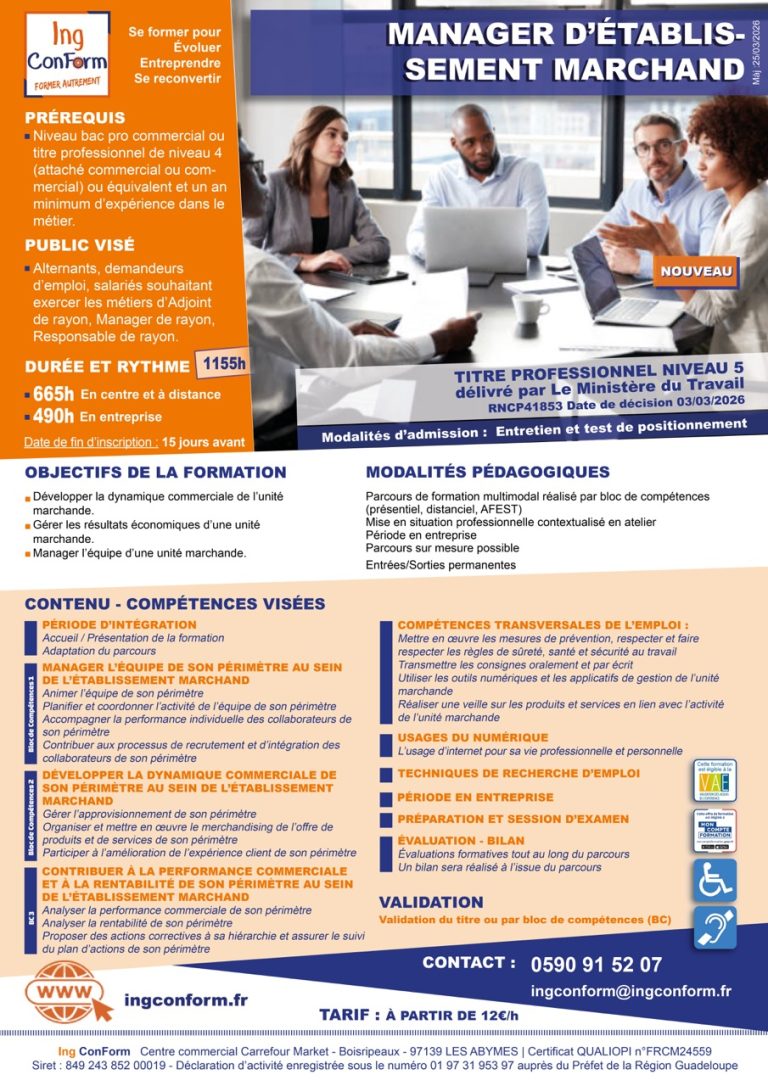 Formation Manager d'Établissement Marchand Guadeloupe