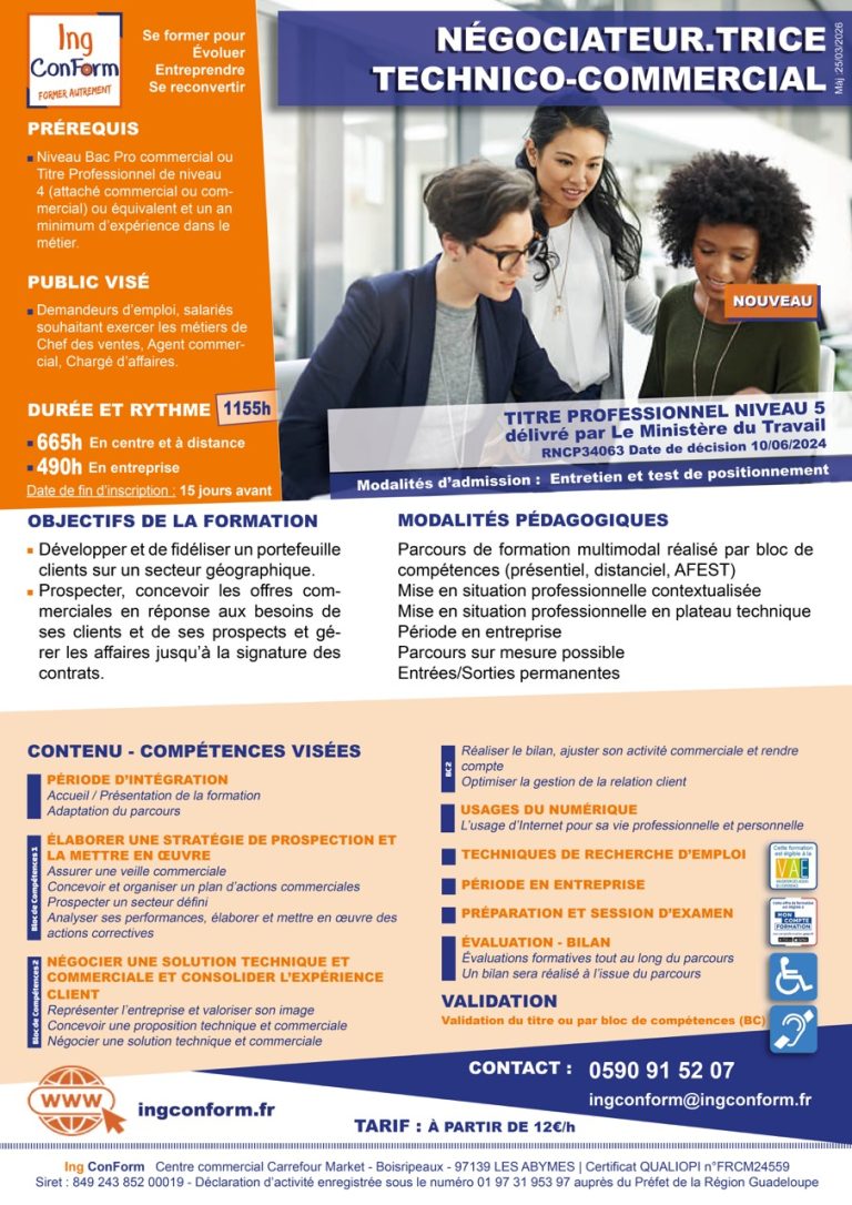 Formation Négociateur technico-commercial Guadeloupe