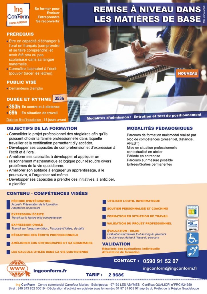 Formation Remise à Niveau dans les matières de base Guadeloupe