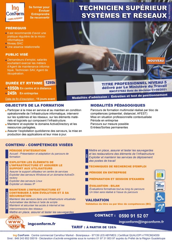 Formation Technicien supérieur systèmes et réseaux Guadeloupe