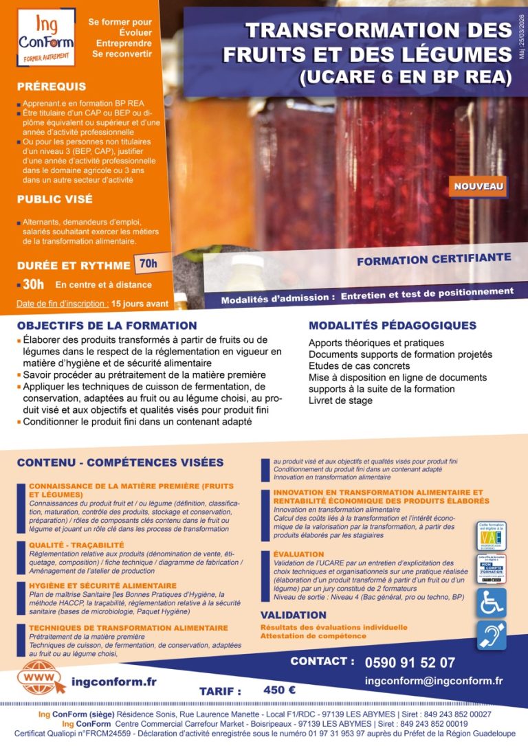 Formation Transformation des Fruits et des Légumes Guadeloupe
