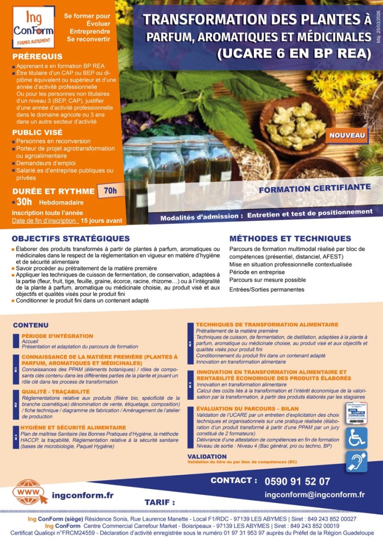 Formation Transformation des plantes à parfum, aromatiques et médicinales Guadeloupe